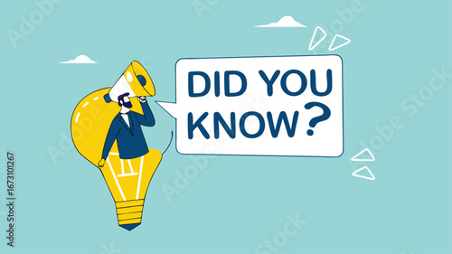 did you know illustration with businessman coming out of light bulb idea with megaphone and speech bubble saying did you know?, expert information, explanation or solution, useful tip or knowledge
