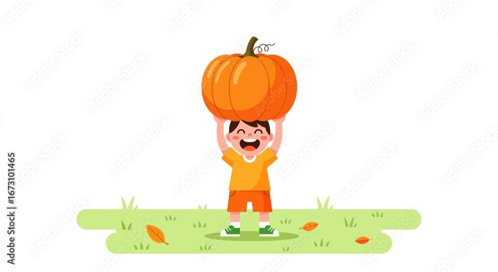 Fototapeta premium Joyful Youngster Lifting a Large Pumpkin High Above Their Head in Celebration