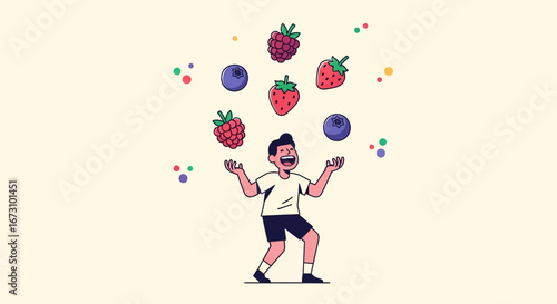 Joyful Youngster Juggling Delightful Berries Representing Happiness And Energetic Play