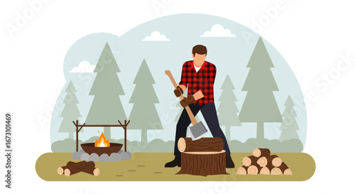 Lumberjack Chopping Wood Near A Campfire In A Forest Illustration Design