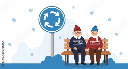 Loving Senior Couple Enjoying Leisure Moments by a Roundabout Sign Together