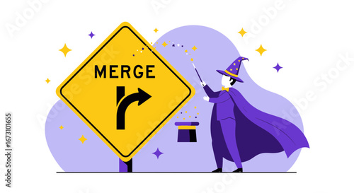 Magical Merge: Enchanting Road Sign Illustration With A Wizard And A Touch Of Sparkle Illustration