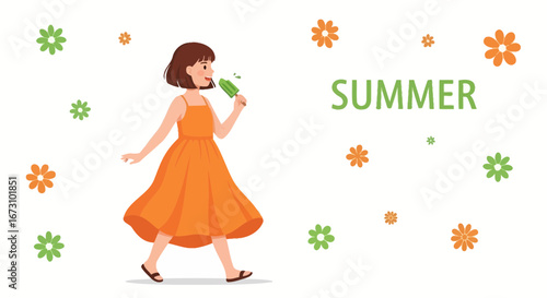 Joyous Summer Day: Girl Enjoying an Ice Pop Amidst Whimsical Floral Illustrations