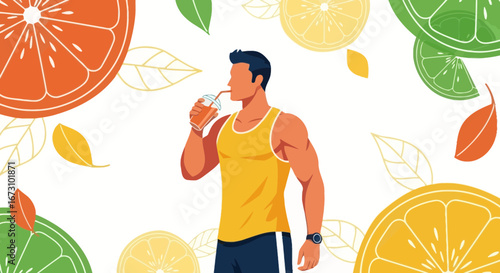 Male Enjoying Refreshing Juice Drink Amidst Vibrant Citrus Fruits in Modern Style