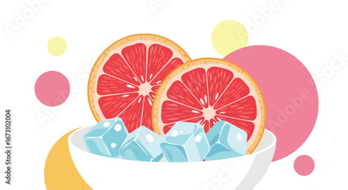Juicy Grapefruit Slices with Ice Cubes Refreshing Drink in a Minimalist Illustration
