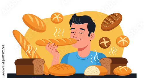 Man Appreciates Freshly Baked Bread, Enjoying Its Aroma and Delightful Flavor