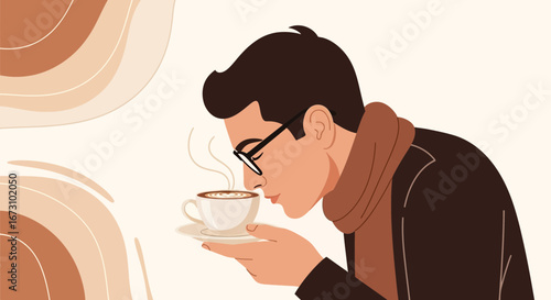Man Appreciating Coffee Aroma, Enjoying A Cup Of Brewed Beverage In Cozy Atmosphere