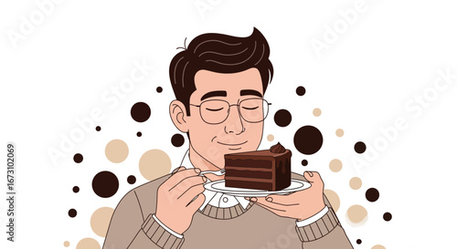 Man Appreciating Delicious Chocolate Cake Slice, Sweet Food Dessert Enjoyment