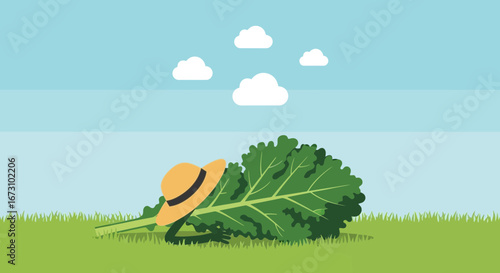 Kale Hiding Behind A Leaf With A Hat On The Meadow Under Cloudy Skies