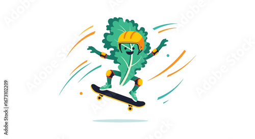 Kale Leaf Character Enjoying Skateboarding While Wearing Safety Gear and Having Fun
