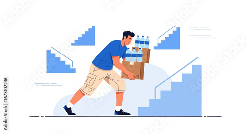 Man Ascending The Stairs While Carrying Bottled Water and Beverage Delivery