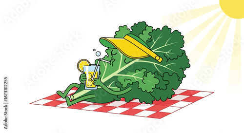 Kale Leaf Enjoying Leisure Time, Sipping Lemonade, Relaxing Under Sunny Rays, Summer Concept