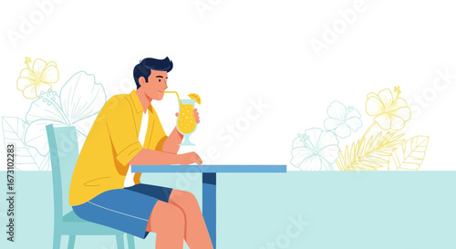 Man At Cafe Enjoying Tropical Drink Illustration With Floral Details Of Summer Vacation