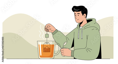 Man Brewing Cup Of Tea Artwork, Vector Illustration, Relaxing Time, Brewing Tea, Hot Drink