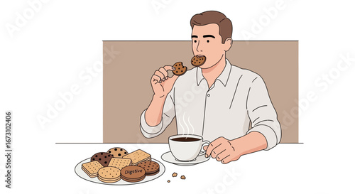 Man Biting Biscuit Enjoying Coffee, Delicious Moments of Snack Time Illustration