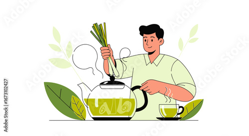 Man Brewing Herbal Tea, Making Warm Beverage in a Modern, Minimalist Illustration