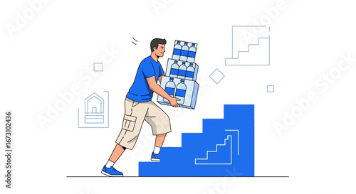 Man Carries Water Bottles Up Steps, Illustrating Effort and Achievement In Progress