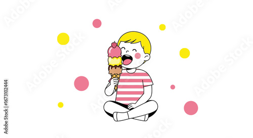 Kid Devouring Delicious Ice Cream Cone Cartoon Illustration Against Polka Dot Backdrop
