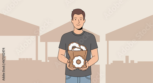 Man Carrying Fresh Donuts from the Bakery in a Paper Bag with a Sweet Treat