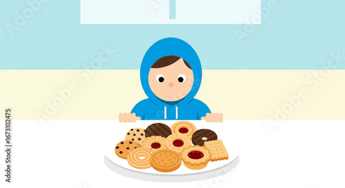 Kid In Blue Hoodie Peering Over Cookie Plate Ready To Enjoy The Treats