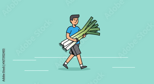 Man Carrying Fresh Leeks Walking Against A Pastel Blue Background Illustration