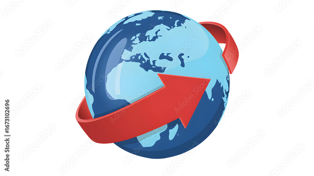 Naklejka premium Global business growth with arrow spinning around the world map