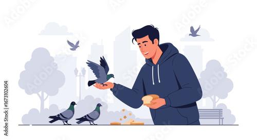 Kind Man Freely Interacts With Pigeons, Offering Bread, Happy Moment In The Park