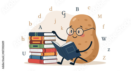 Kind Potato Character Immersed In Knowledge Via Reading Books And Visual Education