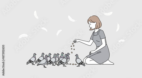 Kind Woman Offering Nourishment to Numerous Pigeons with Serene Atmospheric Illustration