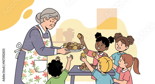 Kindhearted Grandparent Shares Freshly Baked Cookies With Excited Children Illustration