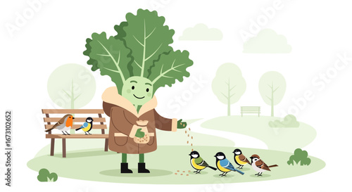 Kindness And Generosity Depicted In Illustrated Scene Of Plant Person Feeding Birds In Park