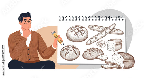 Man Contemplating Bread Varieties Sketching with Pencil and a Thoughtful Expression
