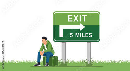 Man Contemplating Future Beside Exit Sign, Traveling, Pondering Decisions, Green Scenery