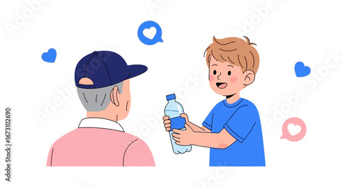 Kindness Shown Between Generations: A Young Volunteer Offering Water To an Elder