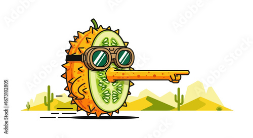 Kiwano Character With Goggles Pointing Towards The Desert, Artistic Illustration