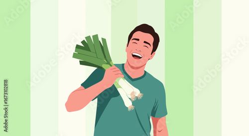 Man Delightedly Holding Fresh Leeks Against Abstract Background, Celebrating Healthy Eating
