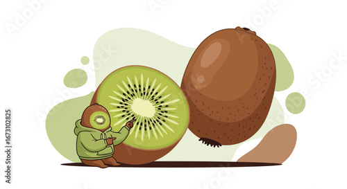 Kiwi Character Directing the Exotic Fruit with Humorous Cartoon Appeal for Creative Projects