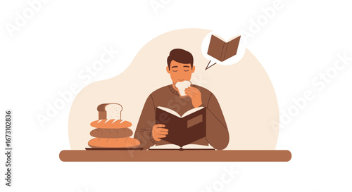 Man Dining, Reading Book While Eating, Bread and Illustration In Flat Minimalist Style