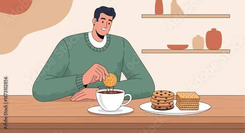 Man Dipping Biscuit into Coffee, Enjoying Treat and Relaxing at Table, Vector Illustration