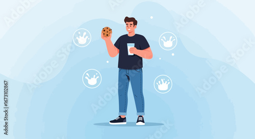 Man Displaying Cookie and Milk Depicting The Joy Of Simple Pleasures and Snack Time