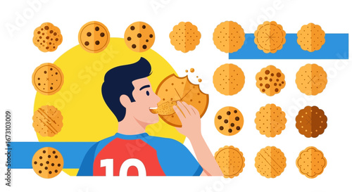 Man Eating a Biscuit with Multiple Cookies Around in Colorful Illustration Design