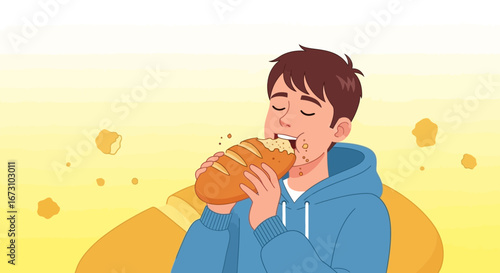 Man Eating Bread, Enjoying Fresh Loaf, Healthy Lifestyle, Food Illustration, Cartoon Image