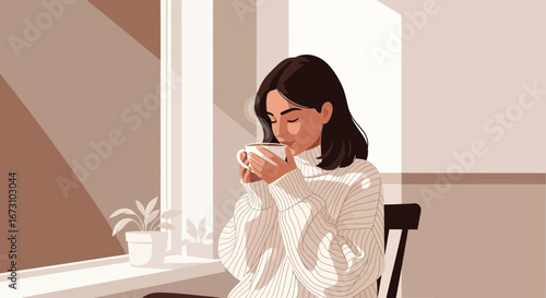 Lady Enjoying Coffee Near Window, Sunlight, Sweater, Serenity, Domestic Life Illustration