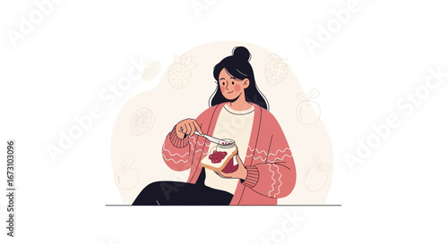 Lady Prepares Tasty Breakfast, Spreading Jam onto Toast for a Delightful Start