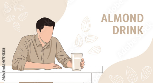 Man Enjoying Almond Drink in Modern Illustrated Style on Beige Background with Soft Details
