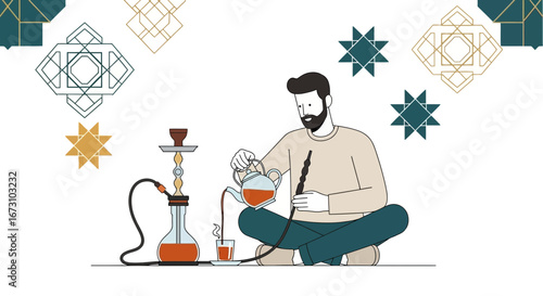 Man Enjoying Arabian Tea and Hookah, Relaxing With Intricate Ornamental Background