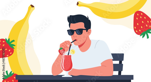 Man Enjoying a Tropical Fruit Drink on a Sunny Day with Bananas and Strawberries Illustration