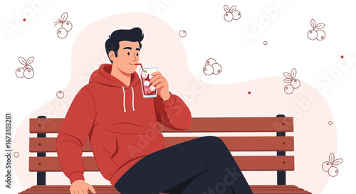 Man Enjoying Beverage While Relaxing on a Bench with Artistic Berry Illustrations
