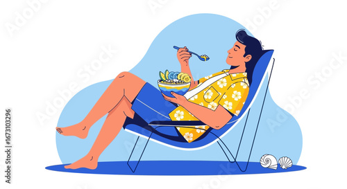 Man Enjoying Bowl Of Healthy Food While Relaxing On Beach Chair With Seashell Adornments