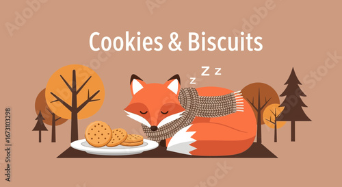 Lazy Fox Napping Beside Biscuit, Dreamy Autumn Scene with Trees, Cookies for Snack
